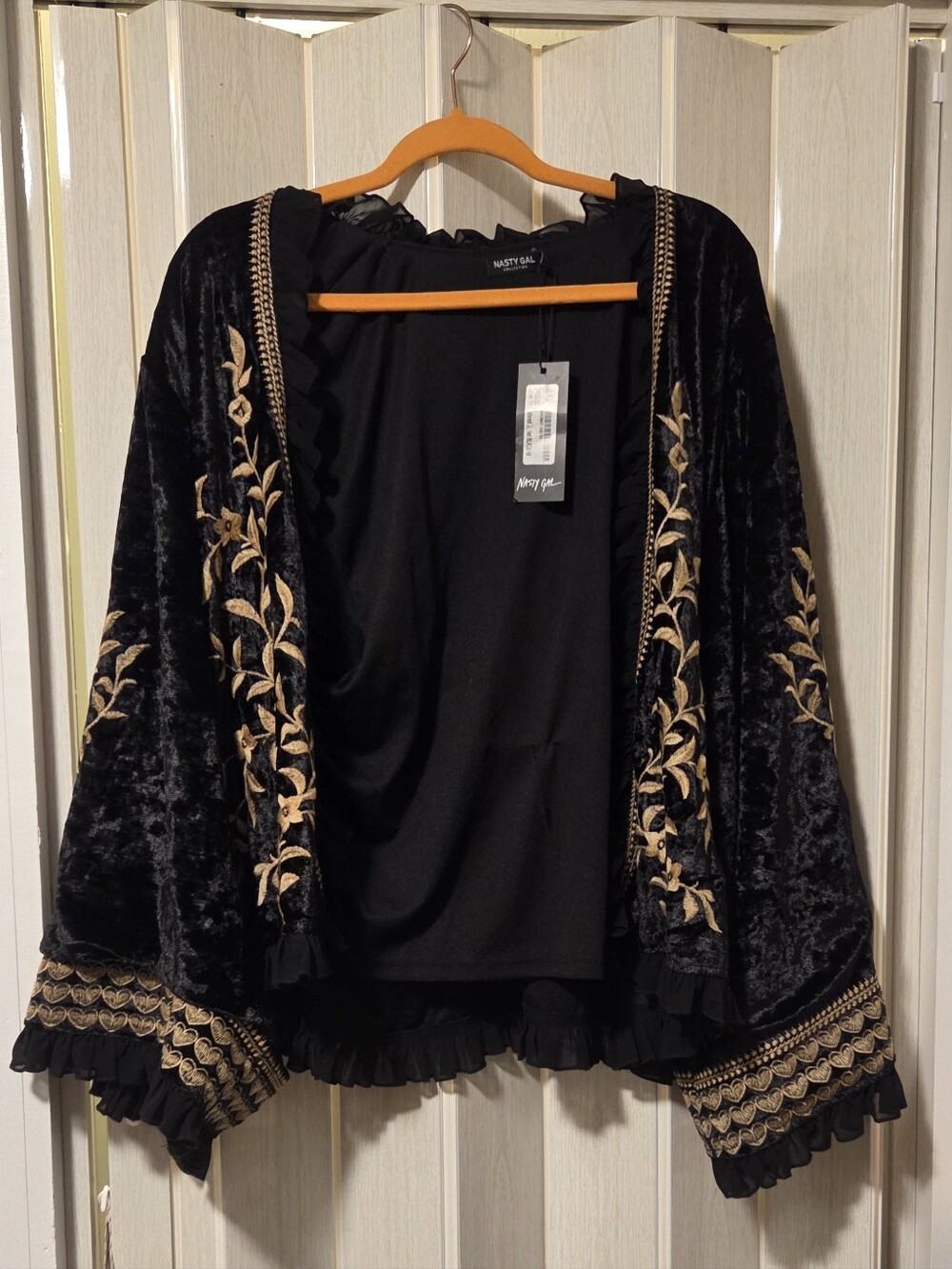 Nasty Gal Black Velvet Embroidered Open Cardigan Cape with Gold Accents
